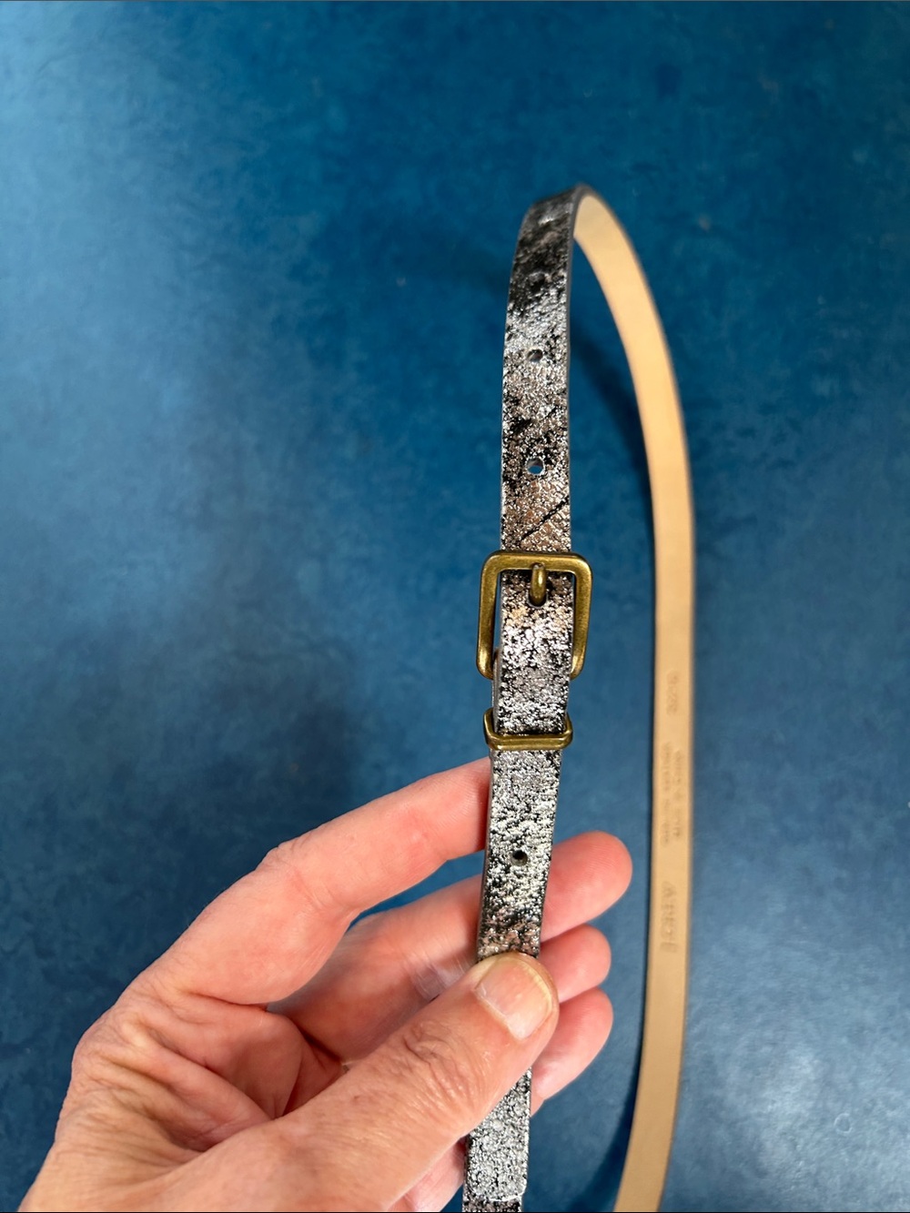 J. Crew Silver Crackle Leather Belt with Gold Buckle - Picture 3 of 5
